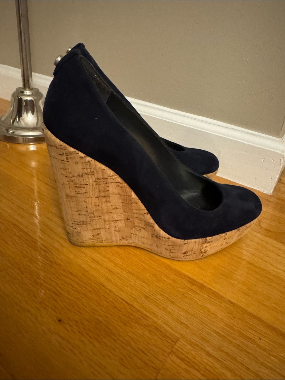 Stuart Weitzman Navy Suede Cork Wedge Pumps